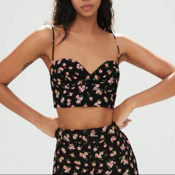 Zara Black Microflower Floral Strappy Crop Corset top size S - Picture 1 of 16